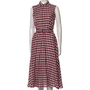 NWOT Max Mara Studio Burgundy Plaid Print Midi Cotton Blend Dress Size Medium